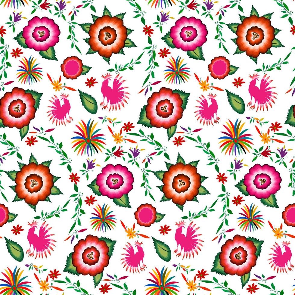 Seamless Mexican floral embroidery pattern, colorful native flowers folk fashion design. Embroidered Traditional Textile Style of Mexico, vector isolated on white background