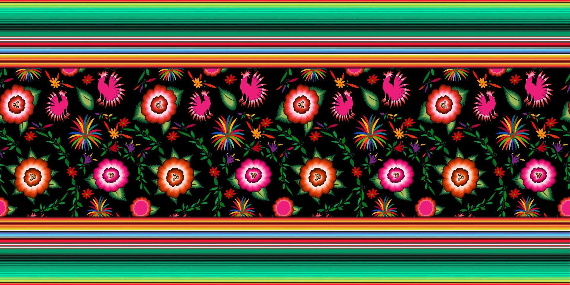 Seamless Mexican floral embroidery pattern, colorful native flowers folk fashion design. Embroidered Traditional Textile Style of Mexico, colors striped, vector isolated on black background