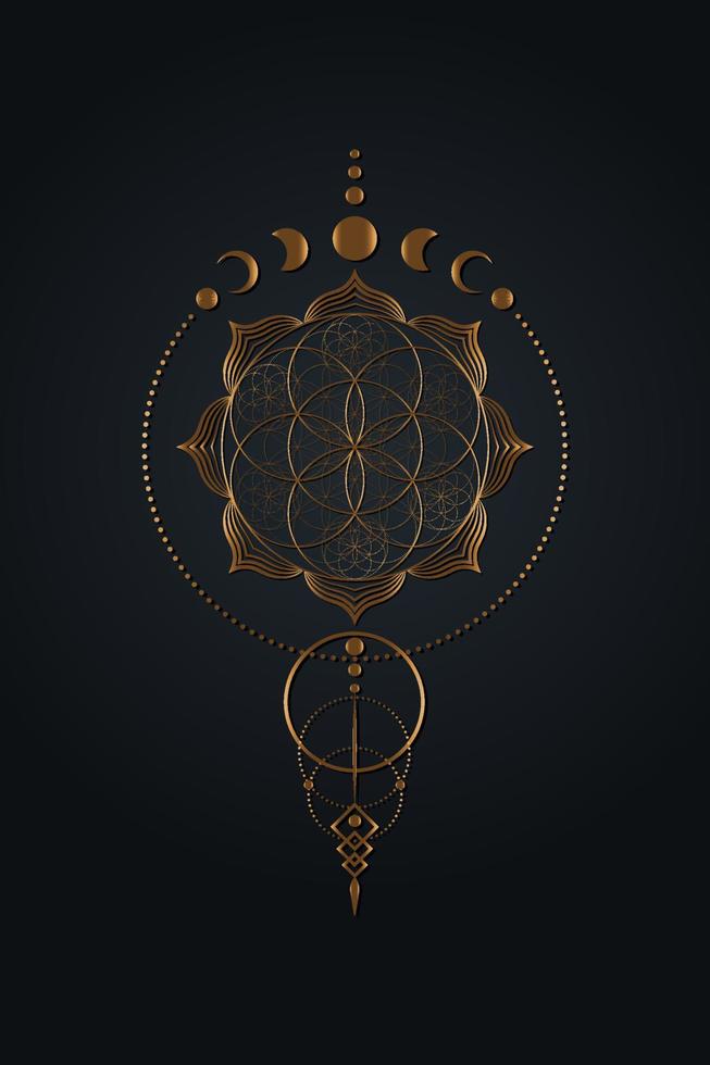 Mystical flower of life and Moon Phases, Sacred geometry. Gold Seed of life. Pagan Wiccan goddess symbol, old golden wicca banner sign, energy circles, boho style vector isolated on black background