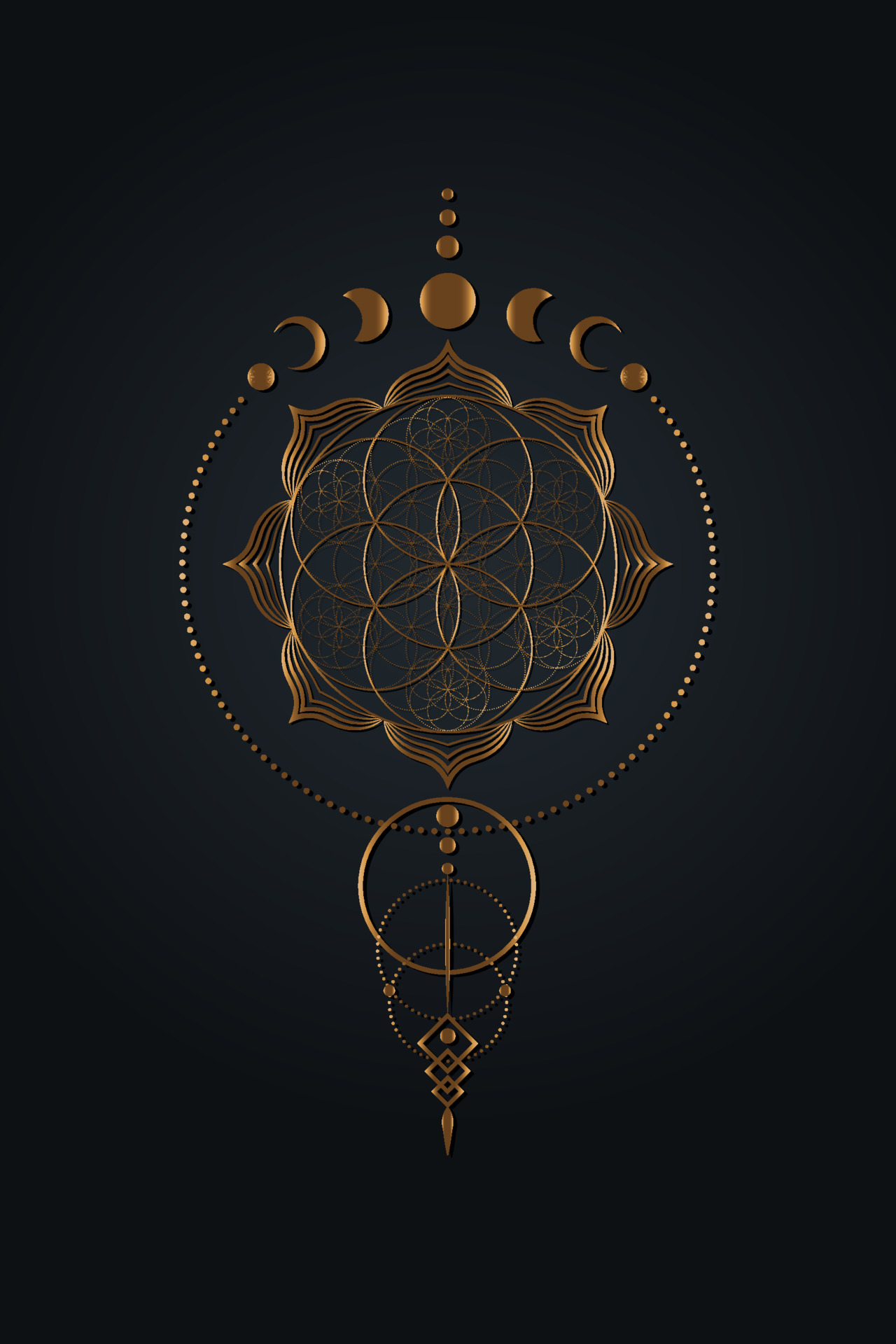 Mystical flower of life and Moon Phases, Sacred geometry. Gold Seed of  life. Pagan Wiccan goddess symbol, old golden wicca banner sign, energy  circles, boho style vector isolated on black background 3832306