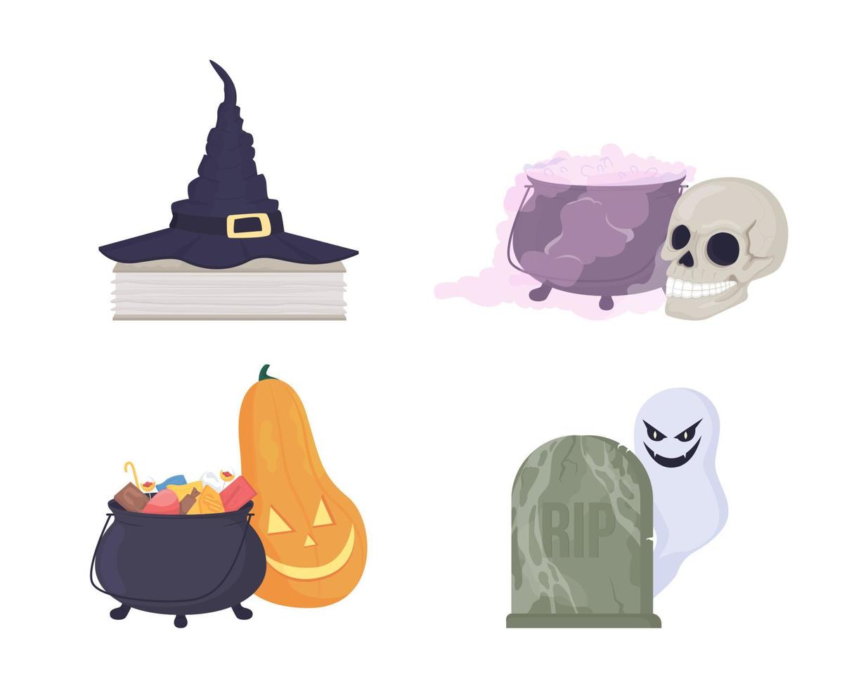 Spooky Halloween decorations semi flat color vector item set