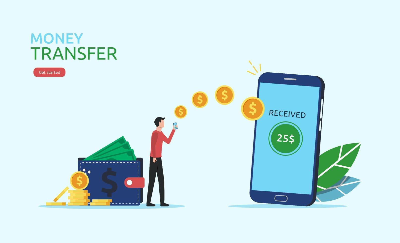 Mobile money transfer concept, man send amount of money by using phone vector