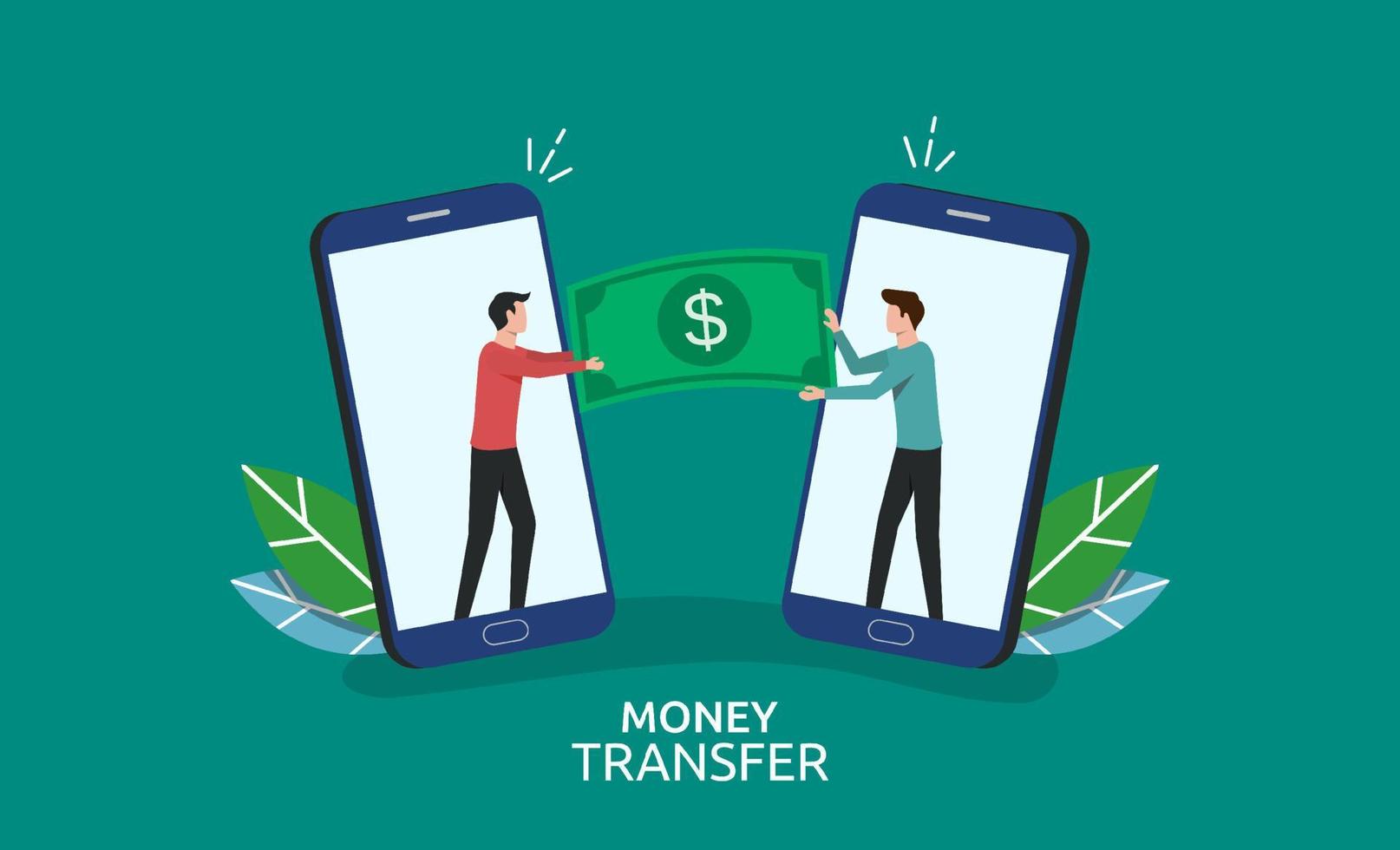 Online money transfer concept, two men holding money paper for transaction by using internet service vector