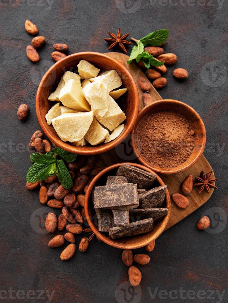 granos de cacao, mantequilla y chocolate foto
