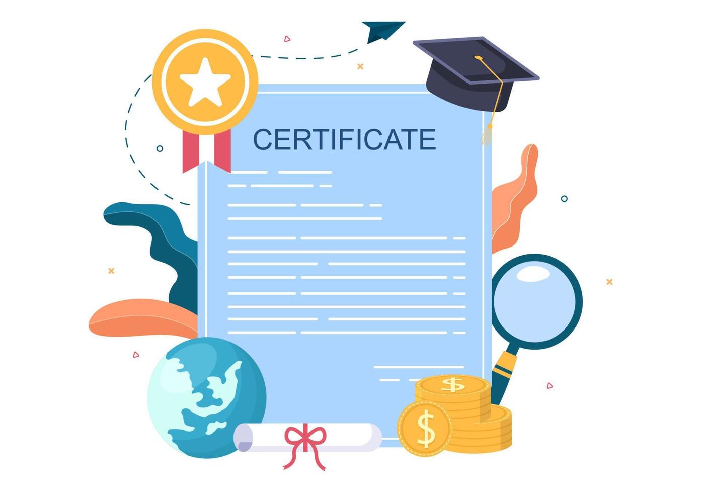 Graduation Certificate Document Icon with License Badge, Diploma. Hat and Medal. Online Education for Website or Poster Background Vector Illustration