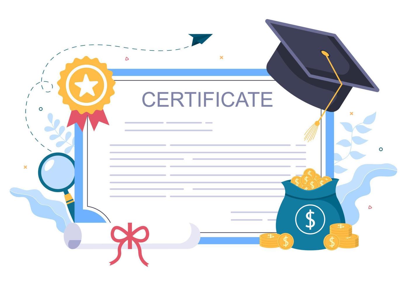 Graduation Certificate Document Icon with License Badge, Diploma. Hat and Medal. Online Education for Website or Poster Background Vector Illustration