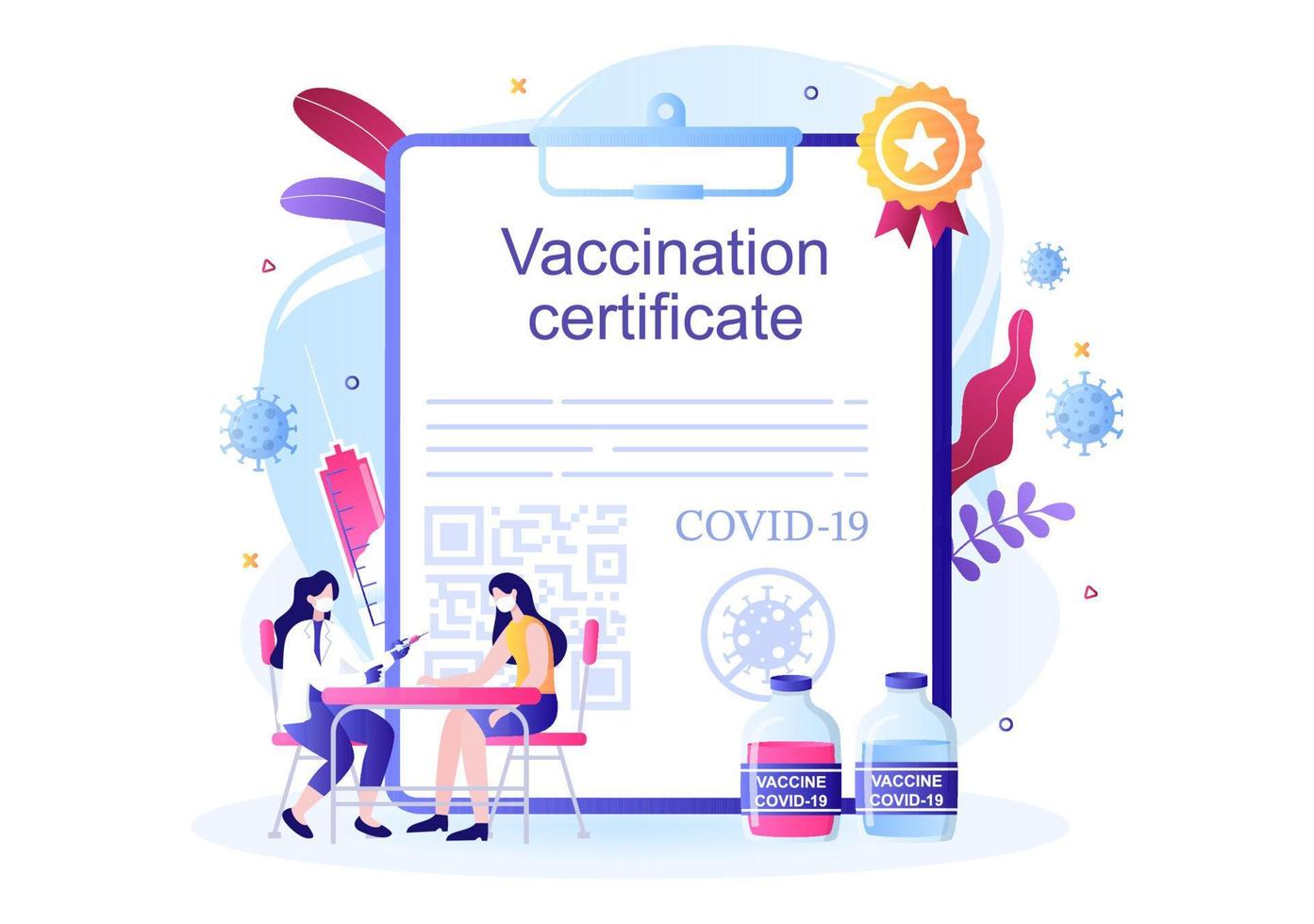 icono de certificado de vacunación covid-19 con un documento como prueba de estar vacunado en forma de tarjeta o escaneado en un teléfono inteligente. ilustración vectorial de fondo vector