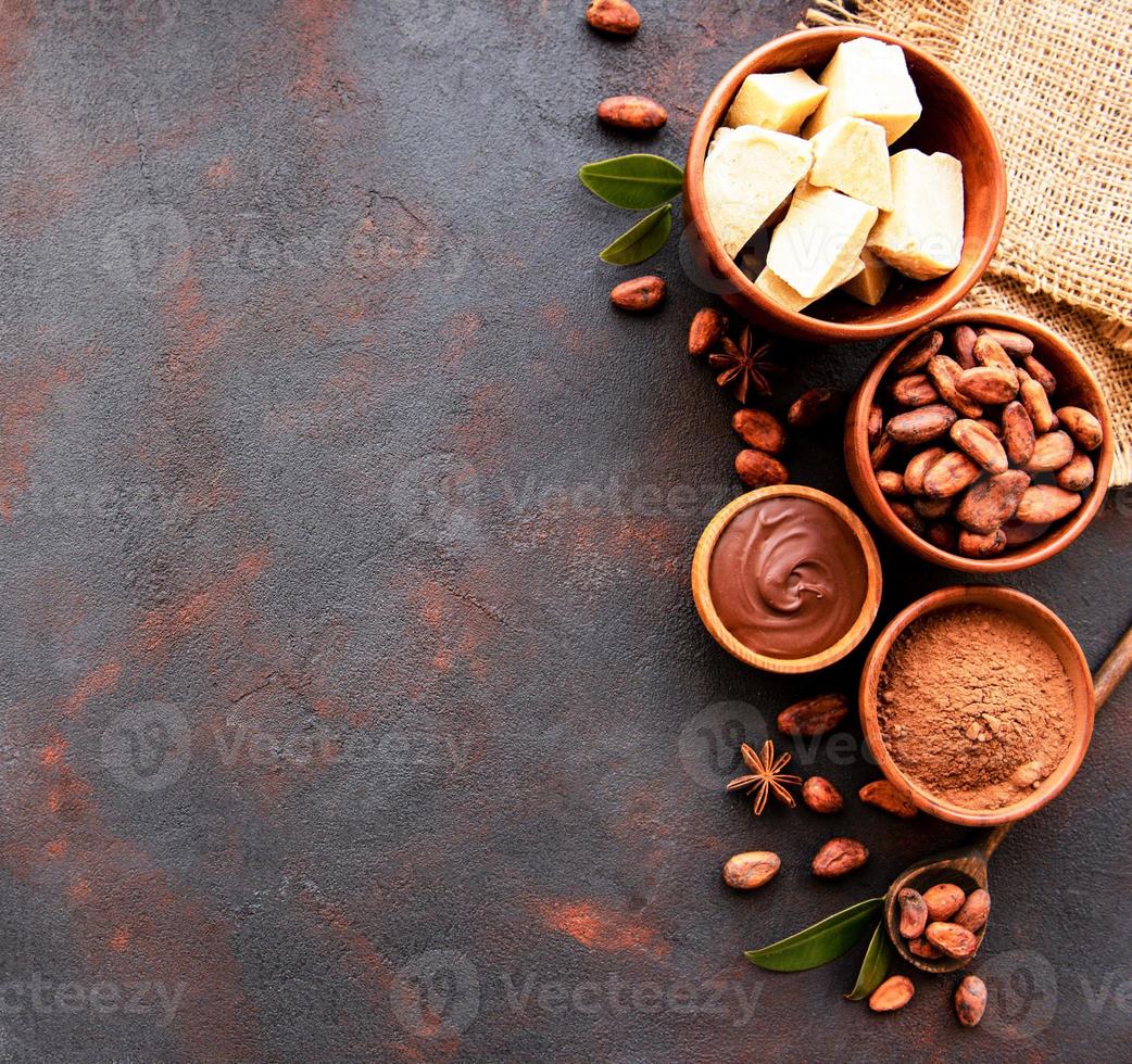 Cocoa beans, powder and cocoa butter photo