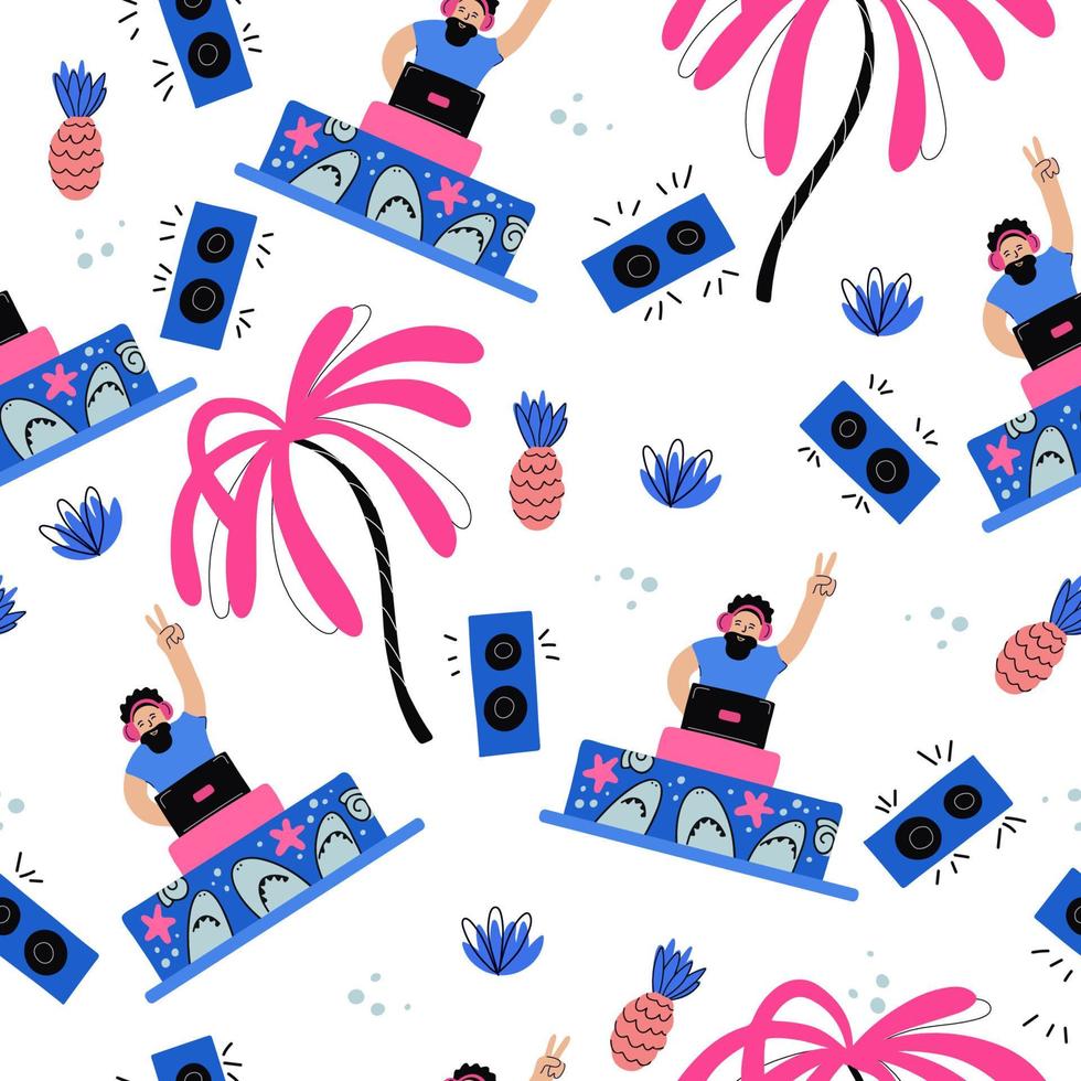 Seamless pattern with joyful dj, palm trees, pineapples, musical equipment decorated with sharks and starfishes on white. Summertime, beach dance party, vacation. Pink, coral and blue colors. vector