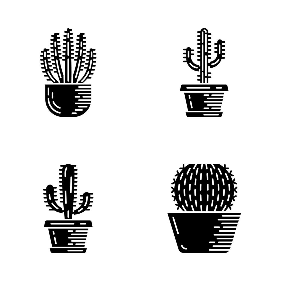 House cacti in pot glyph icons set. Mexican tropical flora. Organ pipe cactus, saguaro, mexican giant, barrel house. Silhouette symbols. Vector isolated illustration