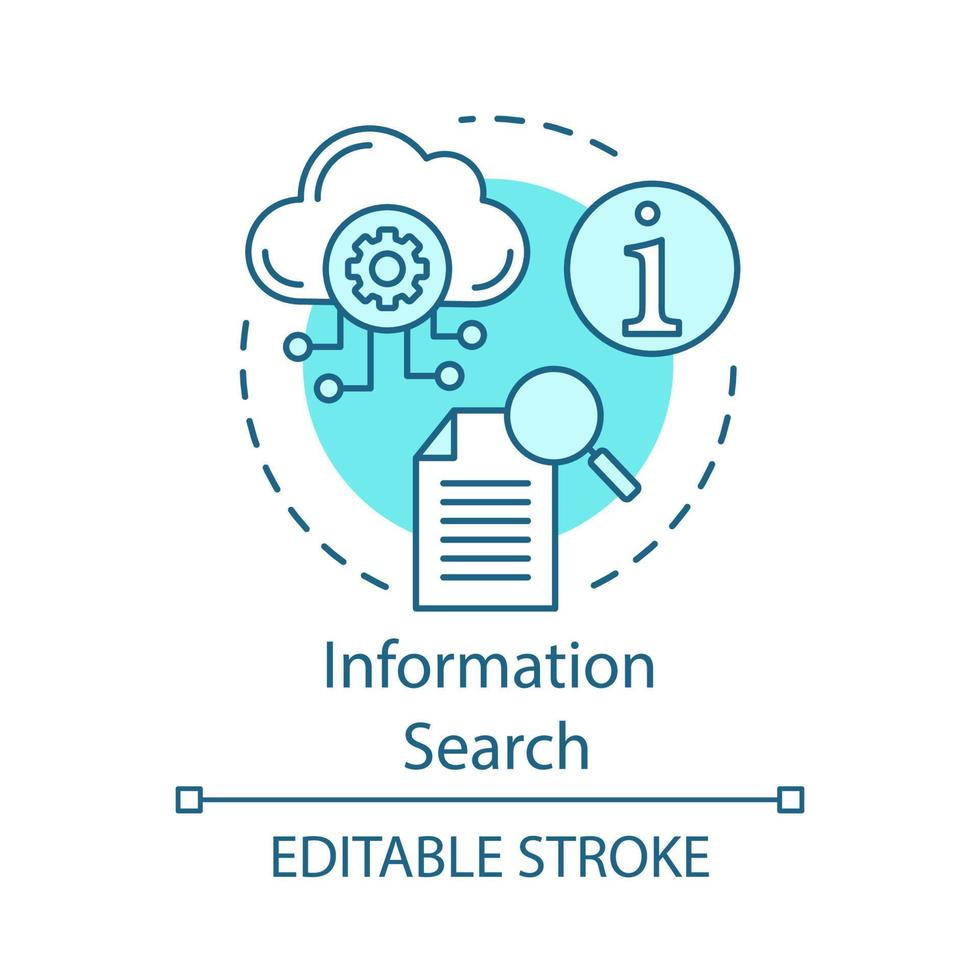 Information search turquoise concept icon. Analytics, document searching internet database, cloud storage settings idea thin line illustration. Vector isolated outline drawing. Editable stroke