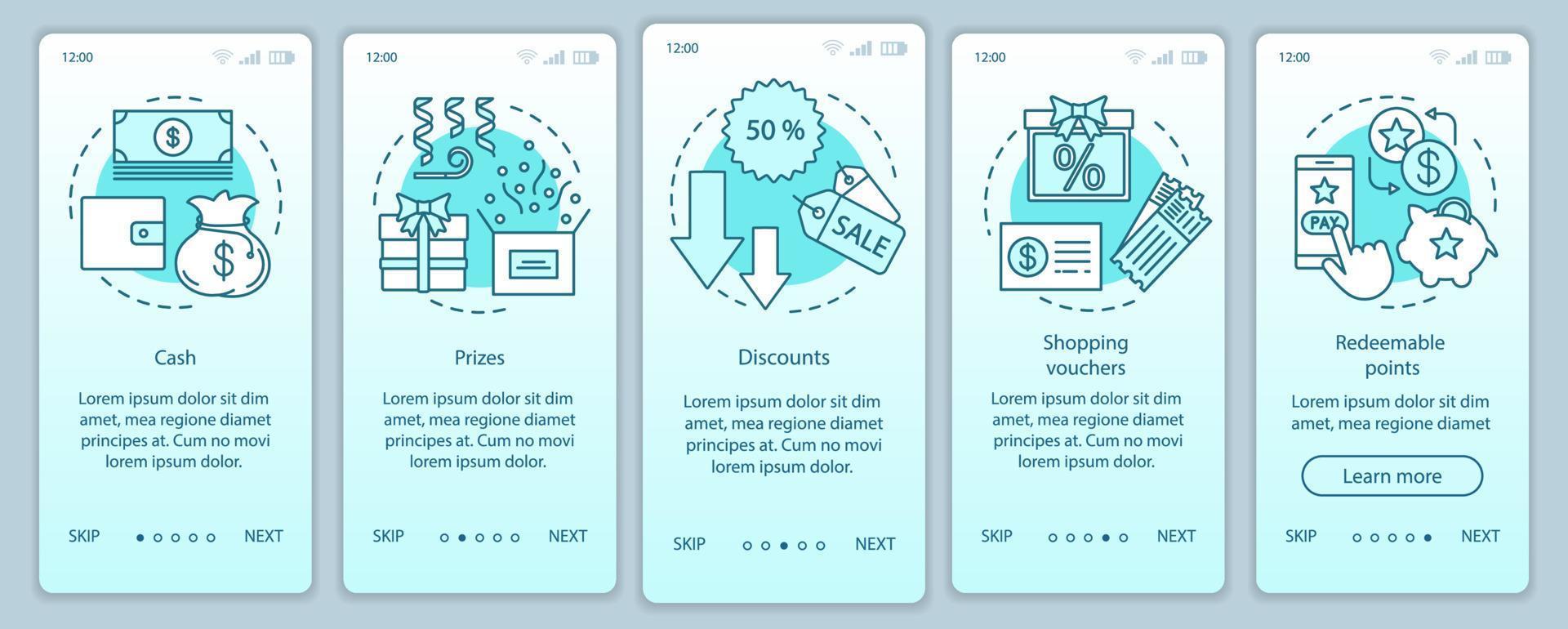 Referral rewards onboarding mobile app page screen with linear concepts. Walkthrough steps graphic instructions. Cash, prizes, discounts. UX, UI, GUI vector template with illustrations