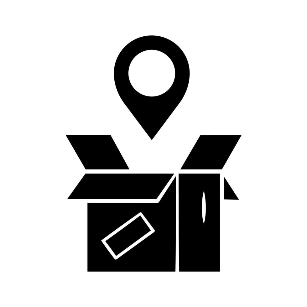 Parcel tracking glyph icon. Package location monitoring. Order status postal tracking. Delivery service. Cardboard box with map pin. Silhouette symbol. Negative space. Vector isolated illustration