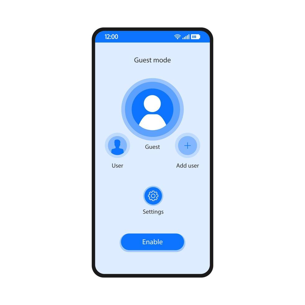 Guest mode app smartphone interface vector template. Mobile utility page blue design layout. Users account switching application flat UI. Privacy protection feature. Enable button on phone display