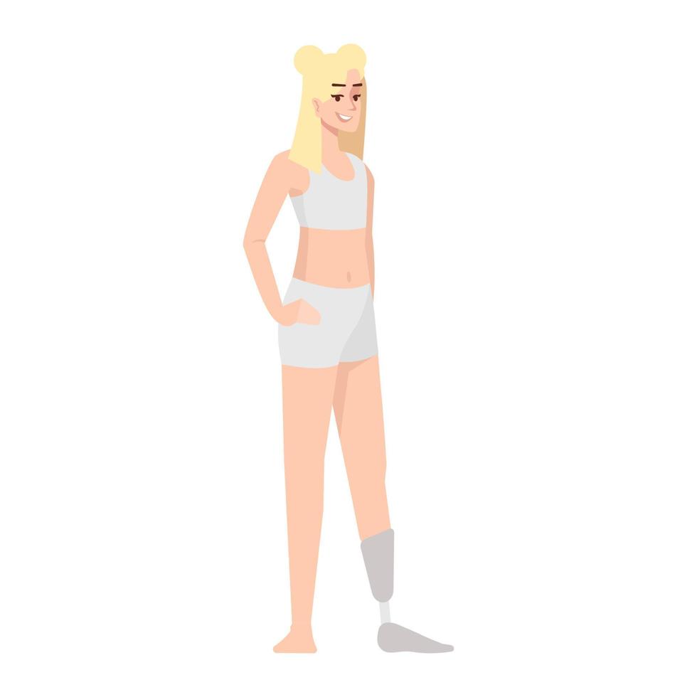 Disabled woman flat vector illustration. Body positive and feminism. Female with prosthetic leg. Blonde girl. Caucasian smiling lady dressed in lingerie isolated cartoon character on white background