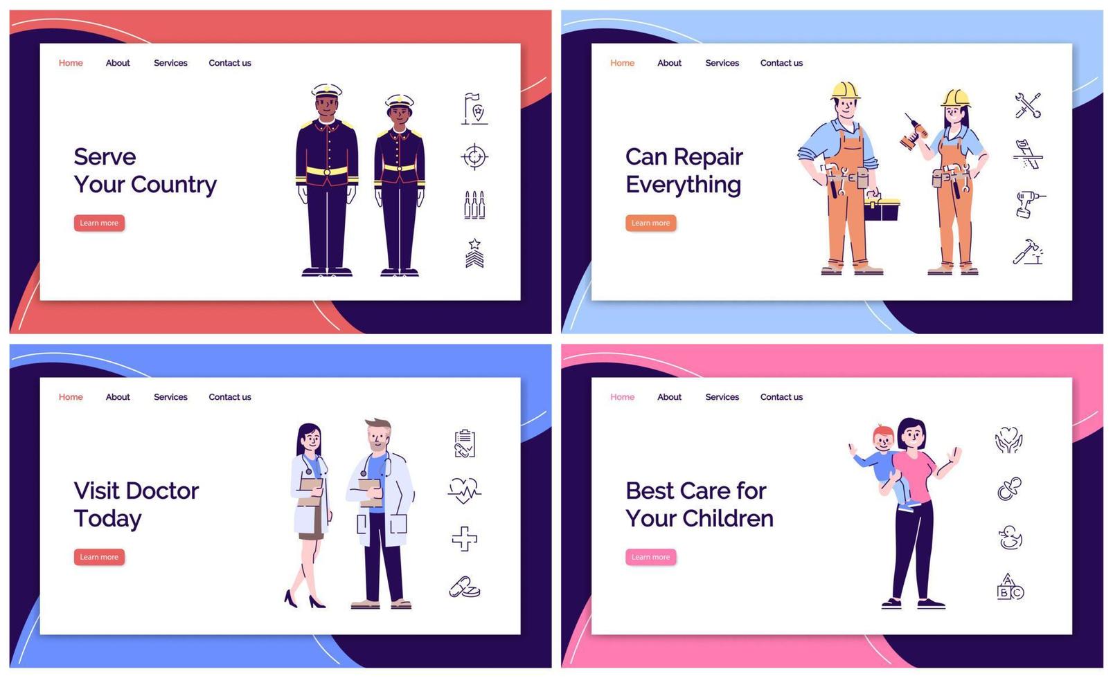 Services workers landing page vector template. Website interface idea with flat illustrations. Army, medicine and healthcare services homepage layout. Babysitting web banner, webpage cartoon concept