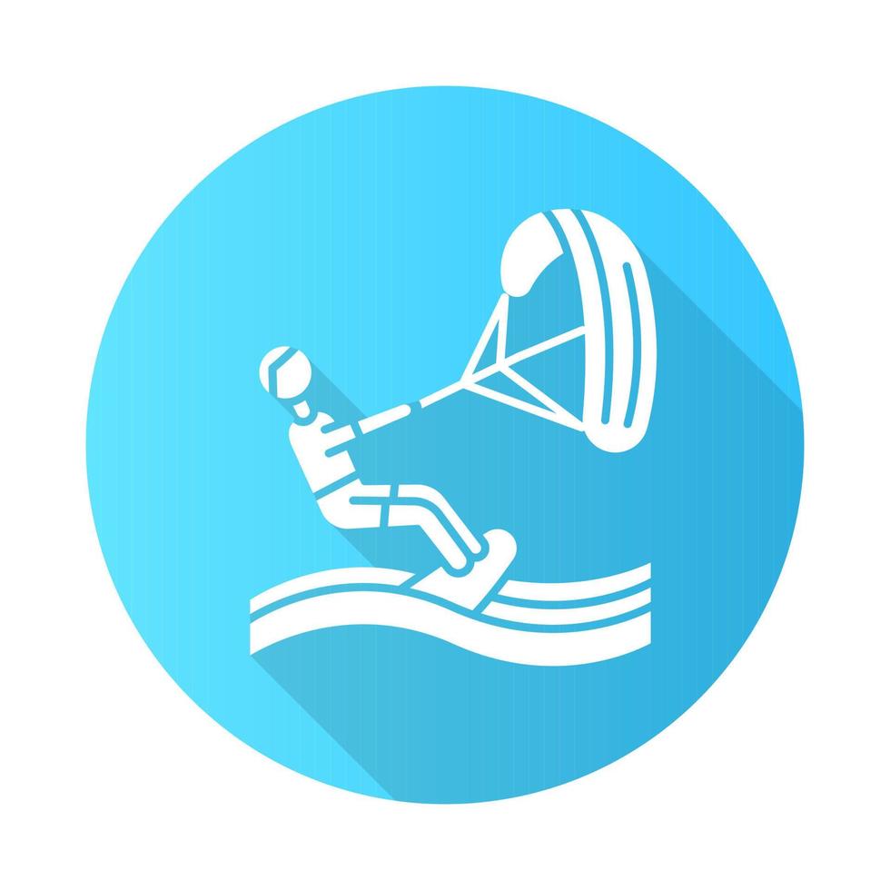 Kiteboarding blue flat design long shadow glyph icon. Watersport, extreme kind of sport. Catching wave and power of wind. Risky and adventurous beach leisure.Vector silhouette illustration vector