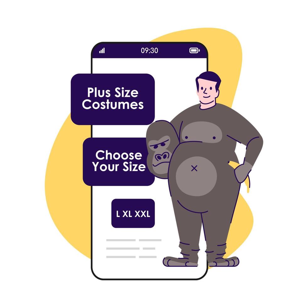 Plus size costumes smartphone app screen. Monkey suit. Party clothing for rent. Mobile phone displays, cartoon characters design mockup. Online store application telephone interface vector