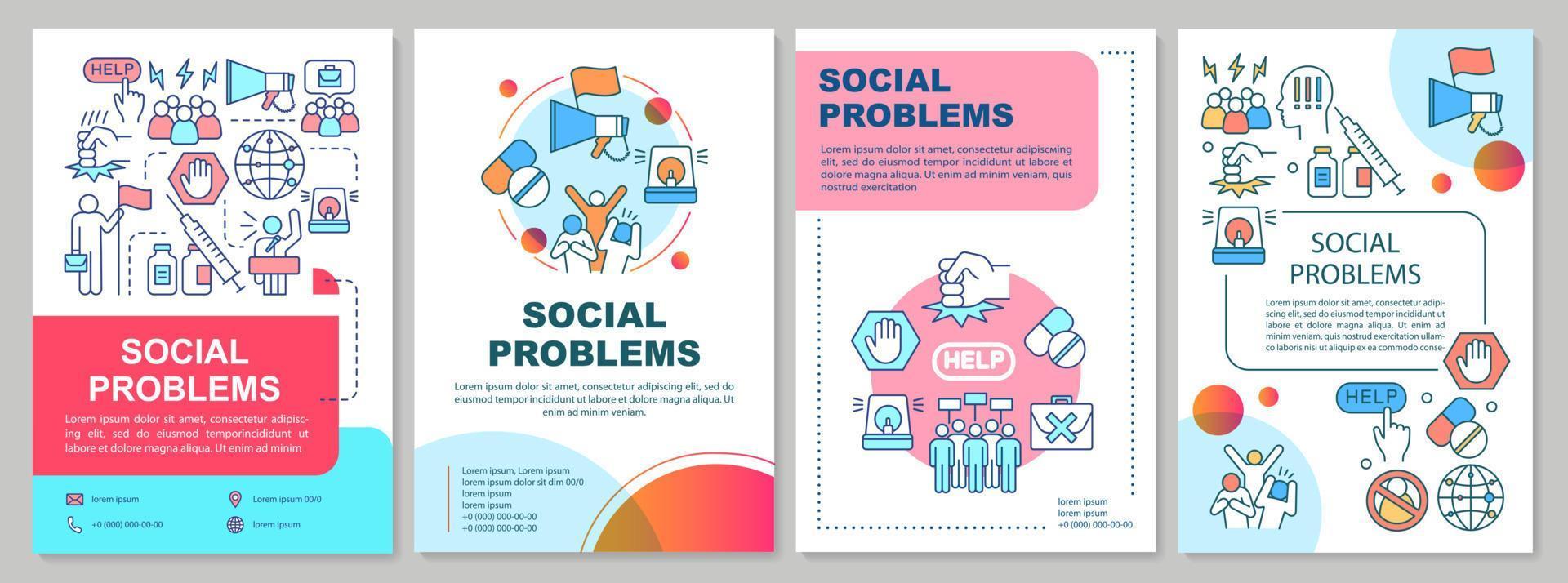 Social problems brochure template layout. Antisocial behavior, conflicts. Flyer, booklet, leaflet print design with linear illustrations. Vector page layouts for magazines, reports, advertising poster