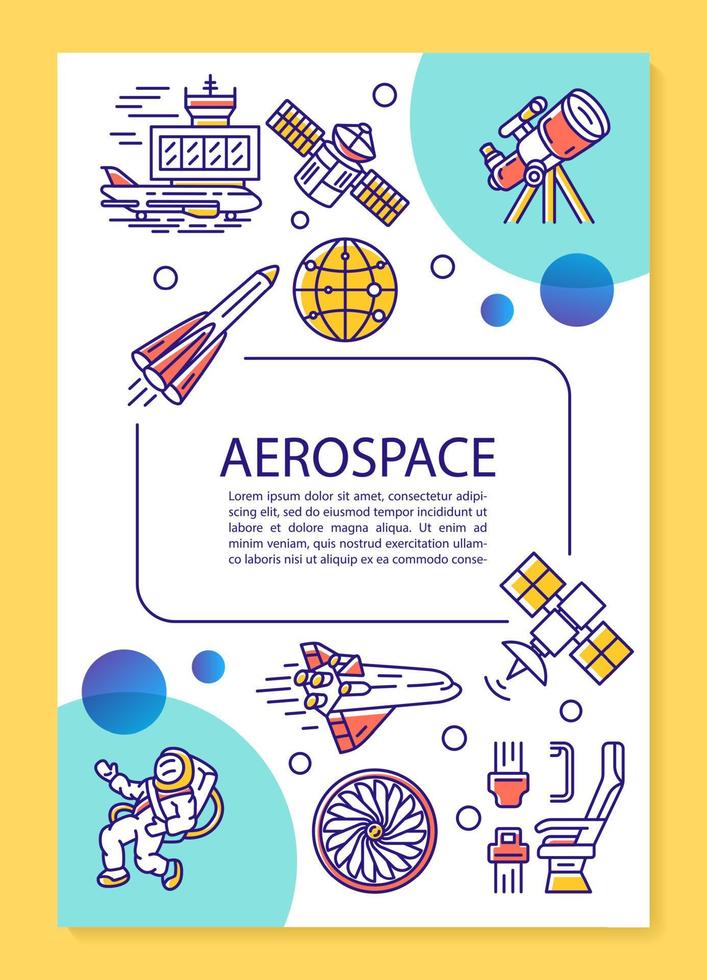 Diseño de plantilla de póster de la industria aeroespacial. cosmos, exploración espacial. banner, folleto, diseño de impresión de folletos con iconos lineales. diseños de páginas de folletos vectoriales para revistas, folletos publicitarios vector