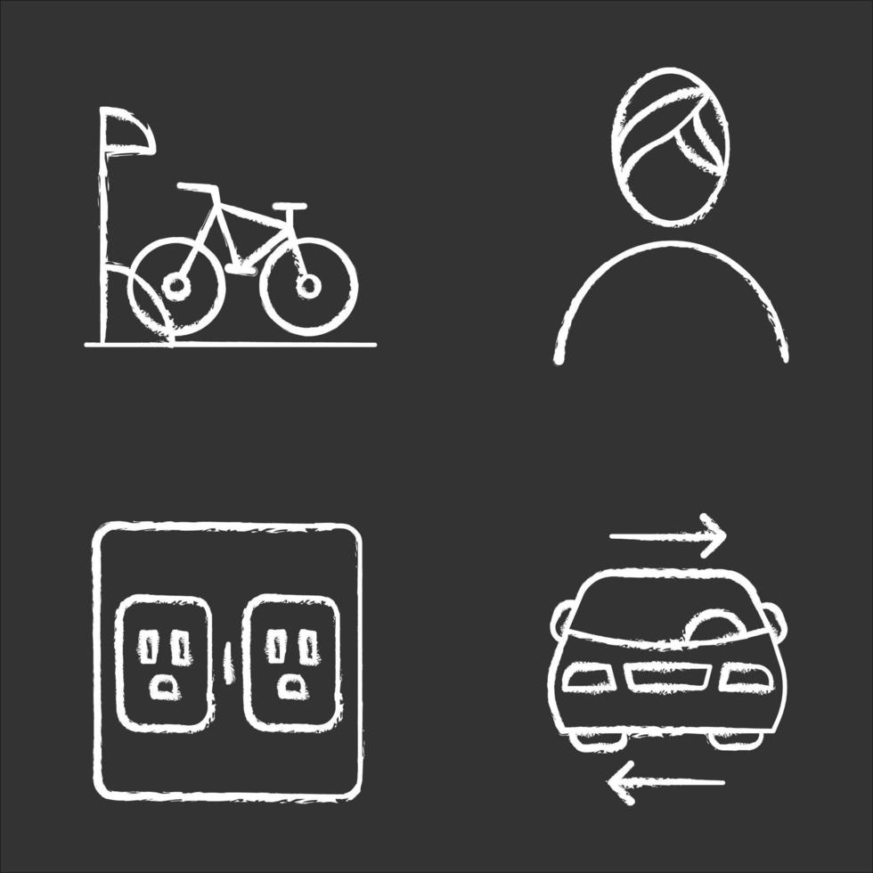 Conjunto de iconos de tiza de servicios de apartamento. aparcamiento para bicicletas, spa, servicio de coche compartido, puntos de recarga. servicios residenciales. lujos para los habitantes de la vivienda. ilustraciones de pizarra vector aislado