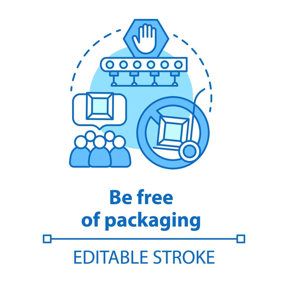 Be free of packaging blue concept icon. Zero waste idea thin line illustration. Dropshipping service. Parcel delivery. Sustainable package. Vector isolated outline drawing. Editable stroke