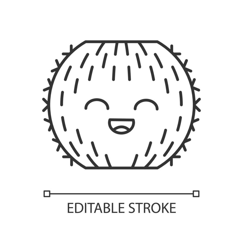 Barrel cactus cute kawaii linear character. Cactus with smiling face. Echinocactus cacti. Happy tropical plant with smiling eyes. Thin line icon. Vector isolated outline illustration. Editable stroke