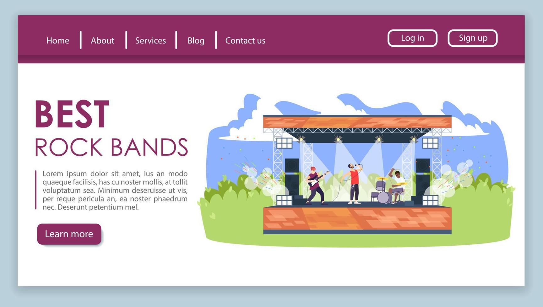 Best rock bands landing page vector template. Music summer festival website interface idea with flat illustrations. Open air rockfest homepage layout. Sound party web banner, webpage cartoon concept
