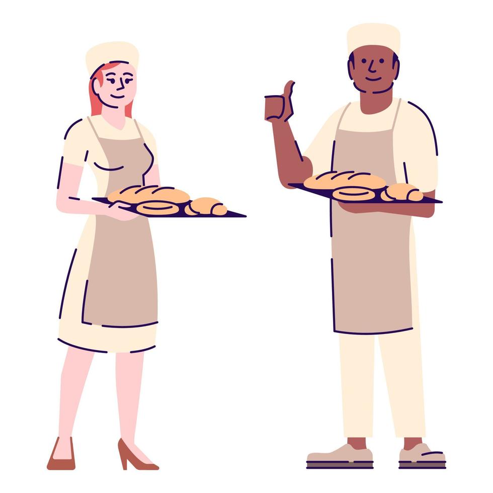 panaderos pareja personaje de vector plano. chefs de restaurante, ilustración de dibujos animados de trabajadores de panadería con contorno. Mujer y hombre pasteleros sosteniendo la bandeja con pan y bollos aislado sobre fondo blanco.