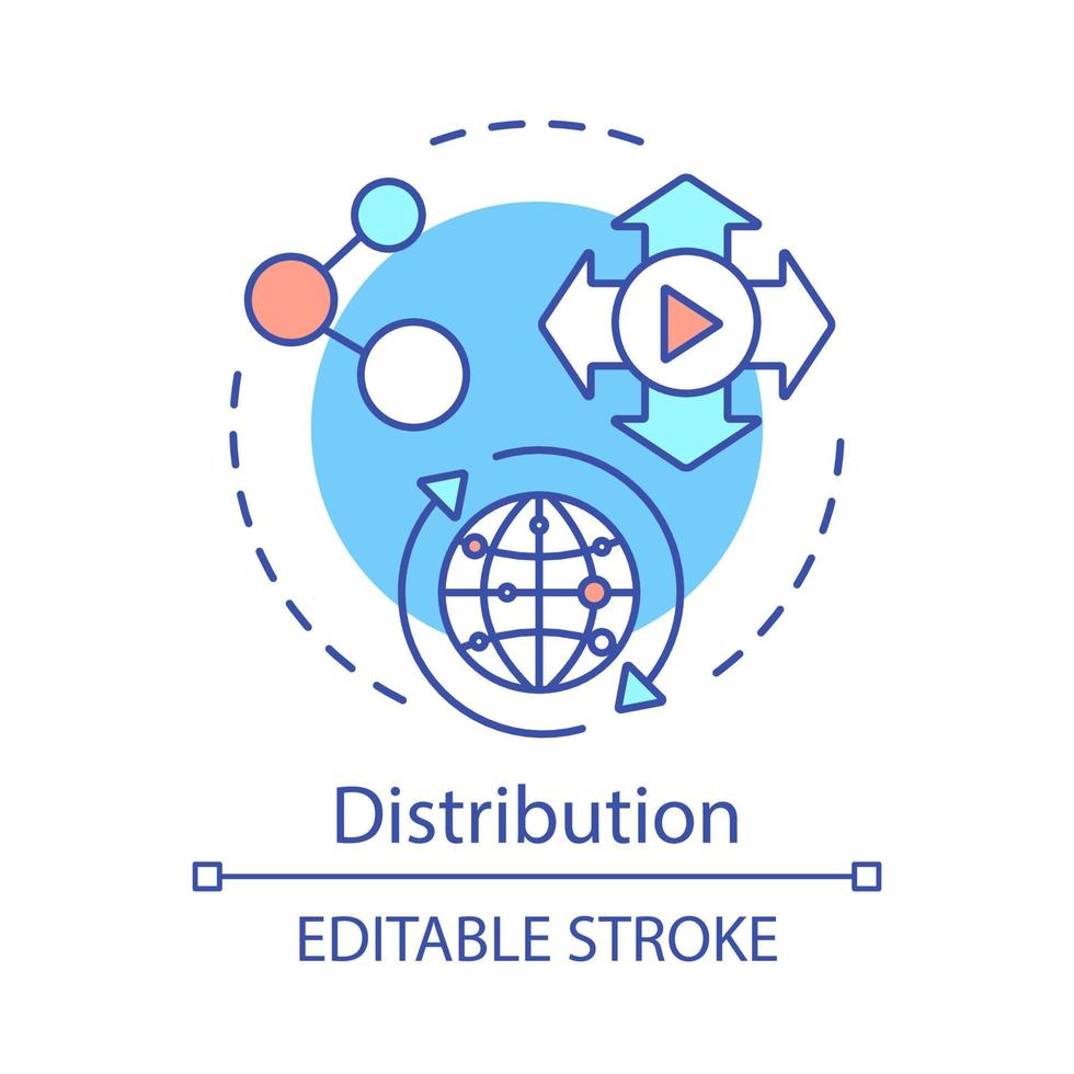 Distribution concept icon. Post production idea thin line illustration. Mass distribution. Global trading service. Marketing. Logistics. Supply. Vector isolated outline drawing. Editable stroke