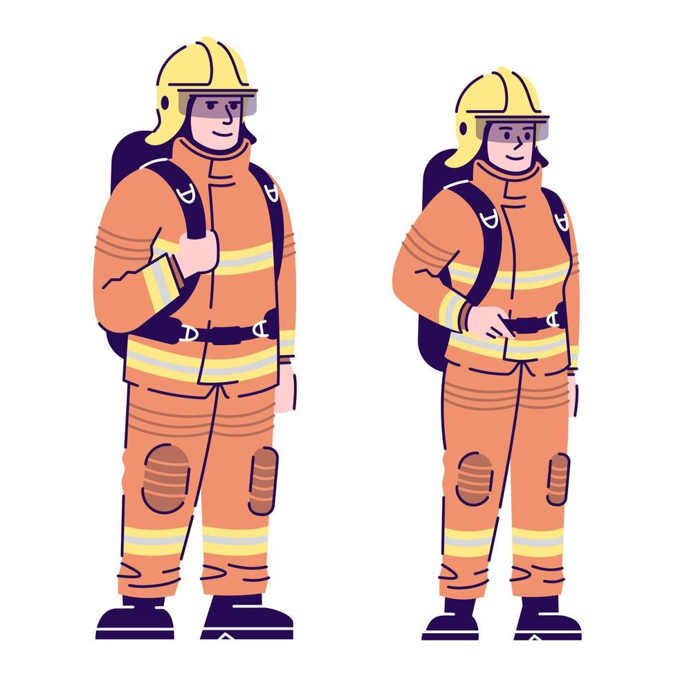 los bomberos juntan personajes vectoriales planos. bombero profesional y bombero en la ilustración de dibujos animados uniforme protector con contorno. Los trabajadores del departamento de bomberos, rescatistas aislados sobre fondo blanco. vector