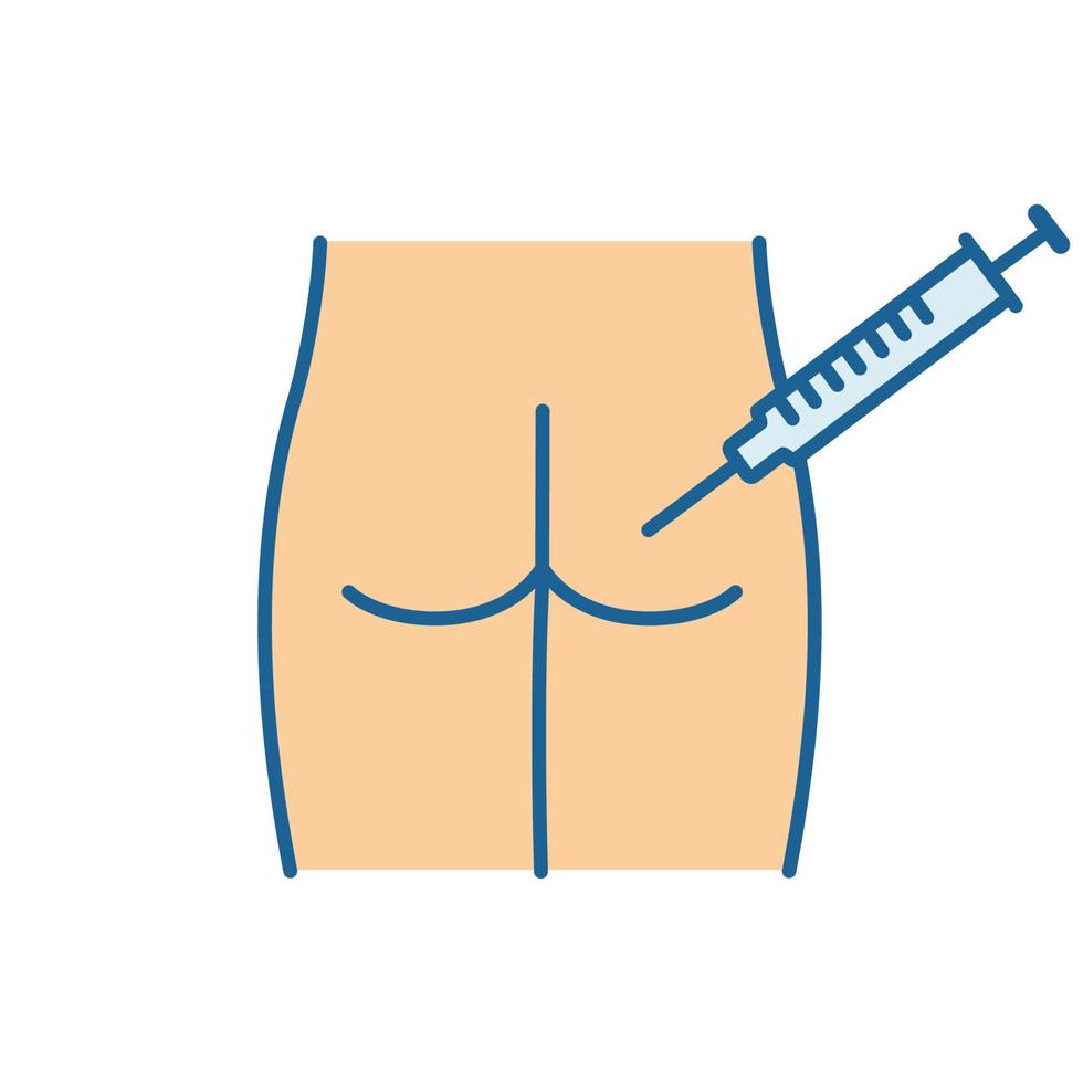 Intramuscular injection color icon. Gluteal, buttock injecting. Medical glute shot. Disease treatment, prevention. Isolated vector illustration