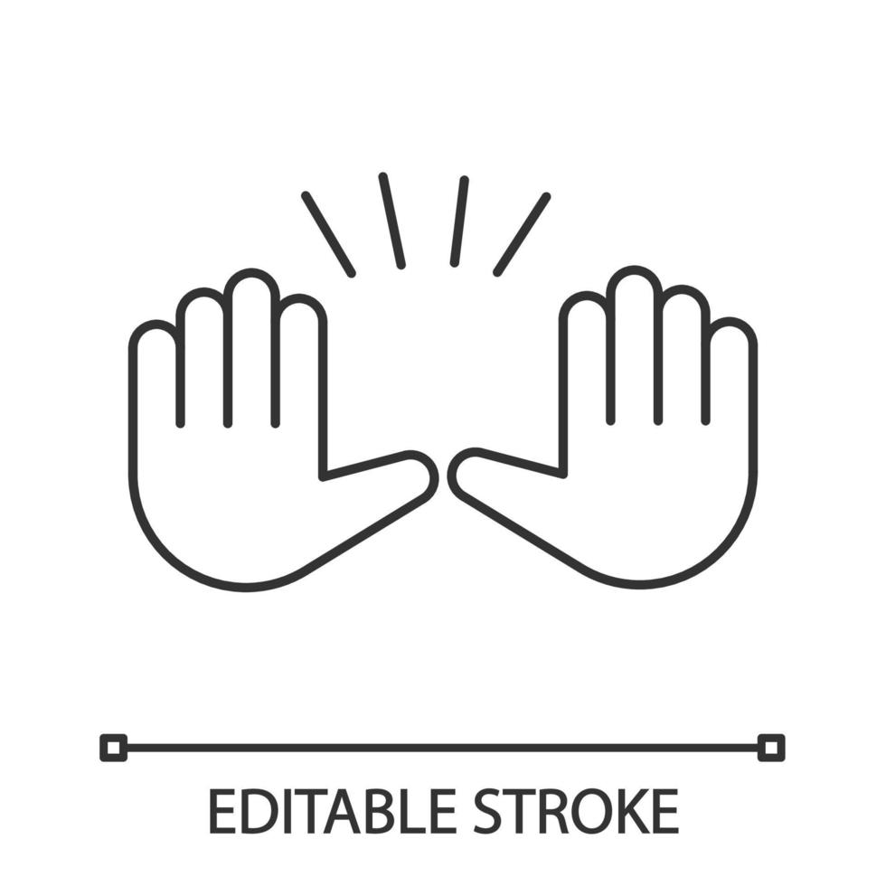 Raising hands gesture linear icon. Thin line illustration. Stop, surrender gesturing. Waving two palms emoji. Contour symbol. Vector isolated outline drawing. Editable stroke