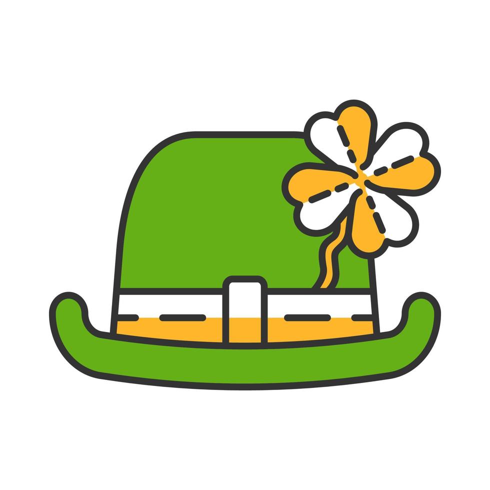 Bowler hat with four leaf clover color icon. Leprechauns hat with shamrock. Saint Patricks Day symbol. Isolated vector illustration