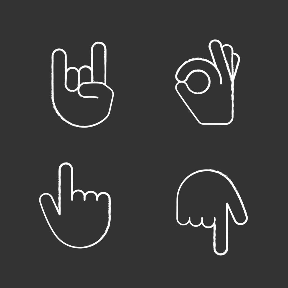 Conjunto de iconos de tiza de emojis de gesto de mano. rock on, heavy metal, ok, gestos de aprobación. índice de revés apuntando hacia arriba y hacia abajo. gire hacia atrás el puntero del dedo. ilustraciones de pizarra vector aislado