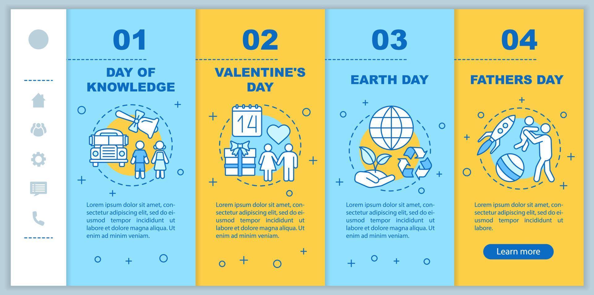 Seasonal holidays onboarding mobile web pages vector template. Responsive smartphone interface idea with linear illustrations. Father's, earth day webpage walkthrough steps. Color concept