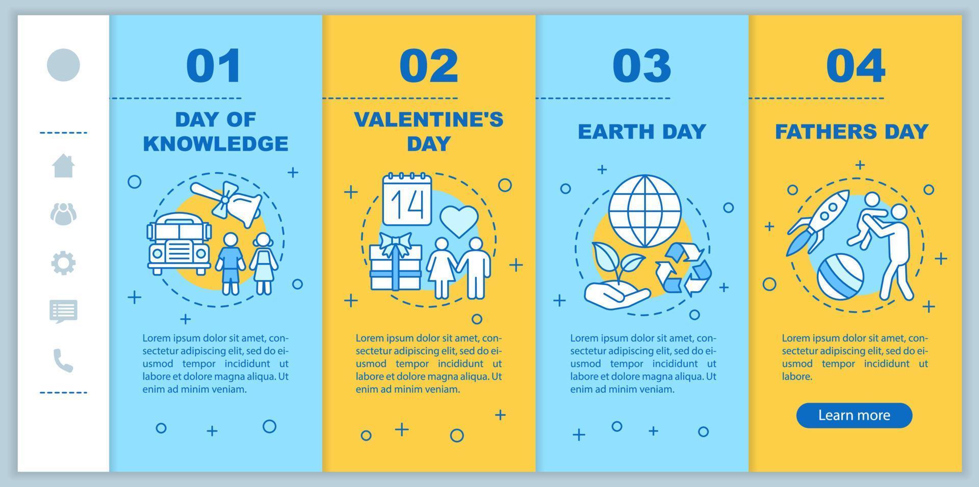 Plantilla vectorial de páginas web móviles de incorporación de vacaciones de temporada. idea de interfaz de teléfono inteligente sensible con ilustraciones lineales. pasos del tutorial de la página web del día de la tierra del padre. concepto de color vector