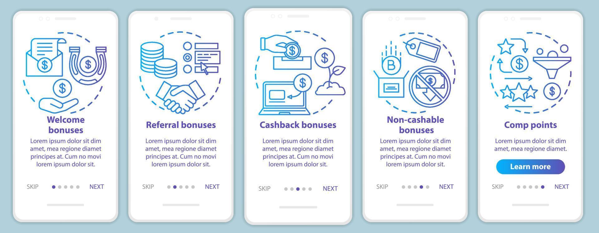 Casino bonuses onboarding mobile app page screen with linear concepts. Gambling. Comp points, cash back, referral, welcome bonuses. Walkthrough steps graphic instructions. UX, UI, GUI vector template