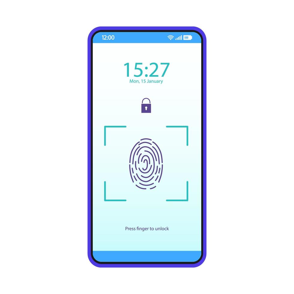 Touch ID smartphone interface vector template. Fingerprint scanner app. Mobile application page design layout. Finger scanning screen. Flat UI. Biometric authentication. Phone display with fingerprint