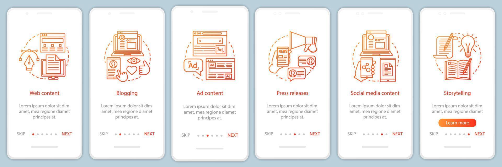 Blogging business onboarding mobile app page screen vector template. SMM courses. Walkthrough website steps. Social media account monetization. UX, UI, GUI smartphone interface concept