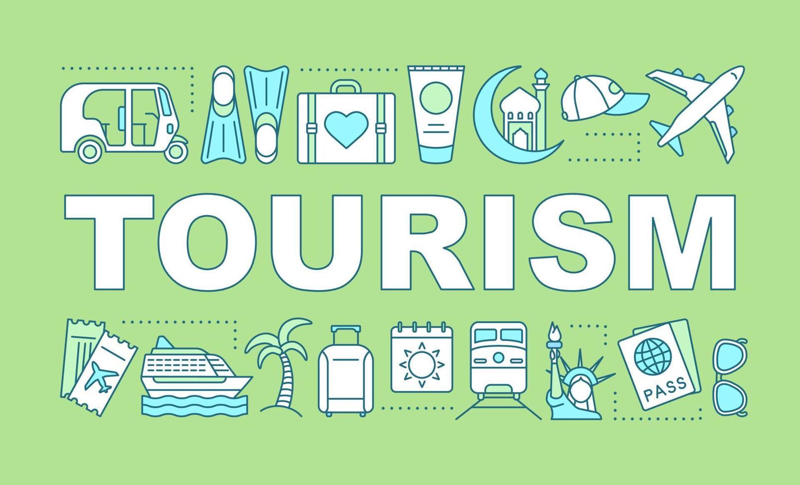 banner de conceptos de palabra de turismo. vacaciones de verano. recurso. viaje, aventura, viaje. presentación, sitio web. idea de tipografía de letras aisladas con iconos lineales. ilustración de contorno vectorial vector