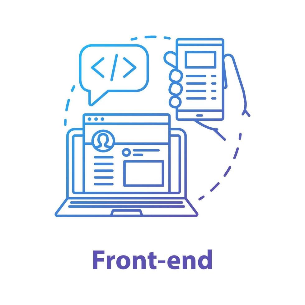 icono del concepto de front-end. Ilustración de línea fina de idea de kit de desarrollo de software. orquestación de servicios. programación y codificación. diseño web adaptable. dibujo de contorno aislado vectorial vector