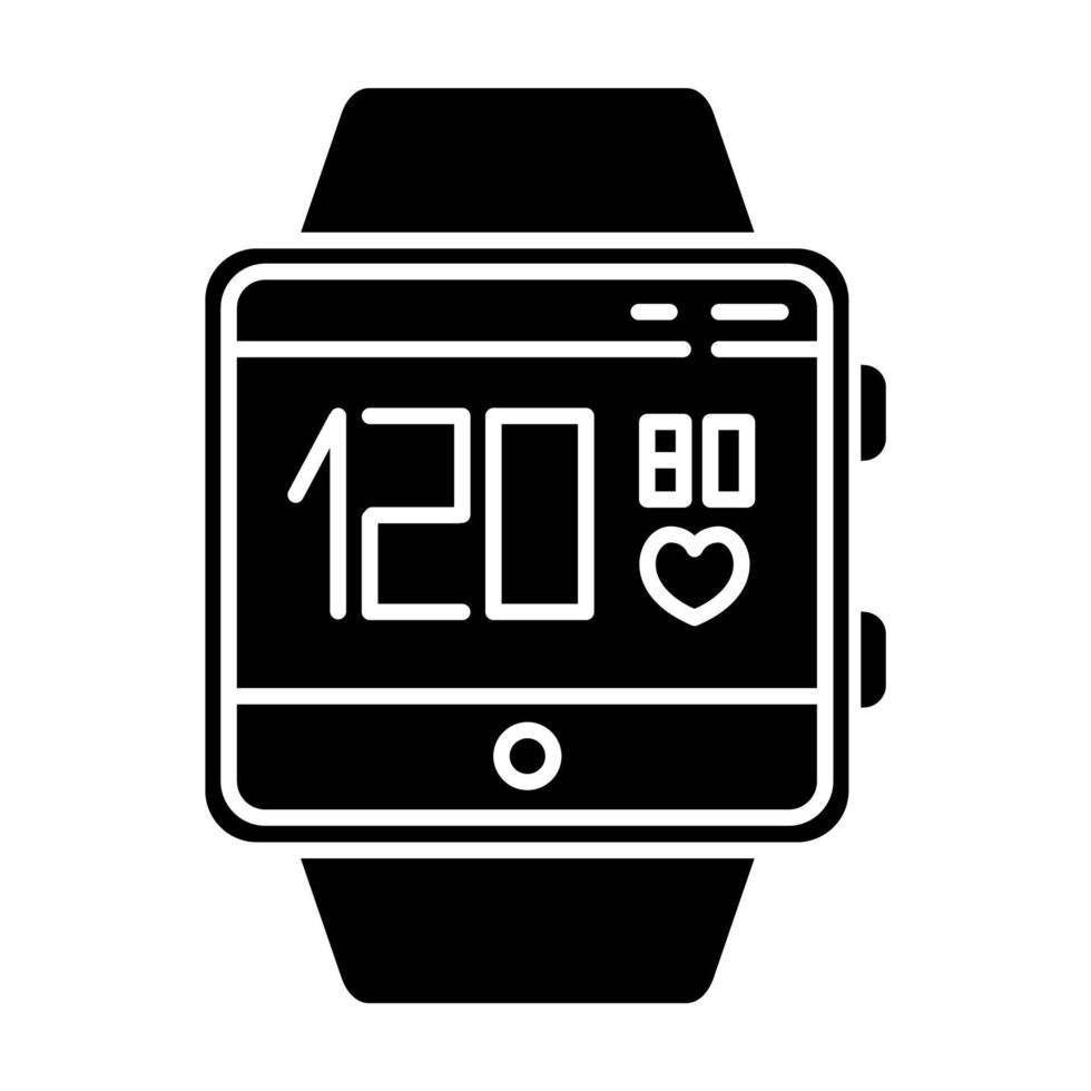 Blood pressure and heart rate tracking smartwatch function glyph icon. Fitness wristband. Measurements and indicators of health. Silhouette symbol. Negative space. Vector isolated illustration