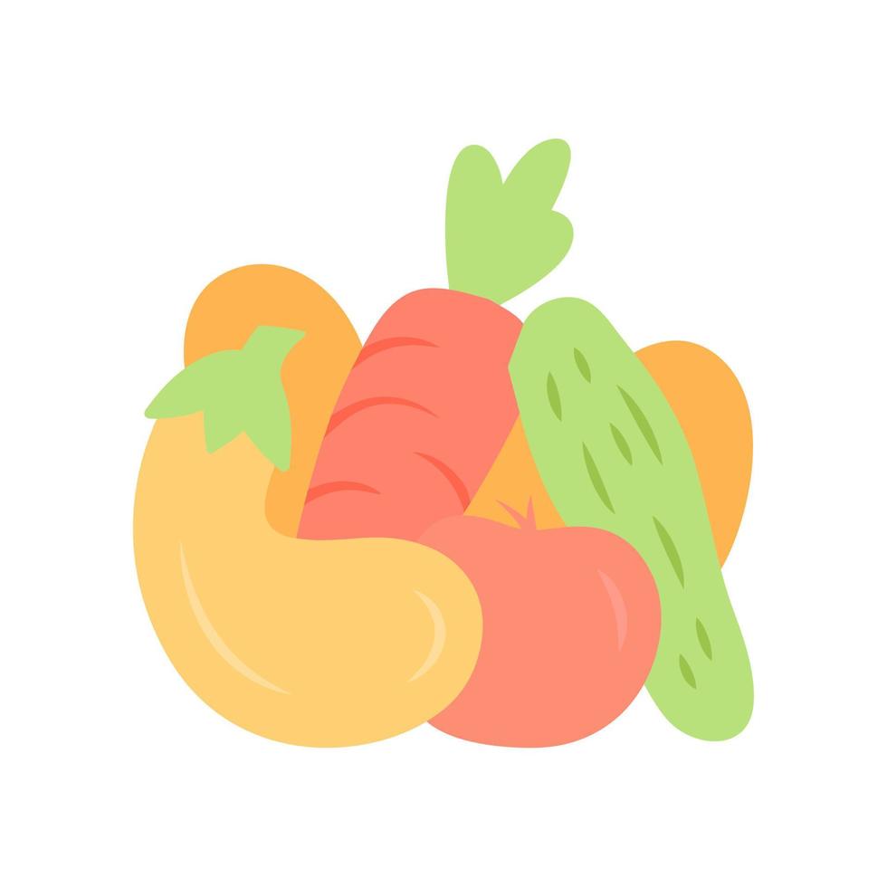 icono de color de sombra larga de diseño plano de verduras. pepino, tomate, zanahoria, berenjena. nutrición saludable. vitamina y dieta. comida vegetariana, vegana. plantas agrícolas. ilustración de silueta de vector