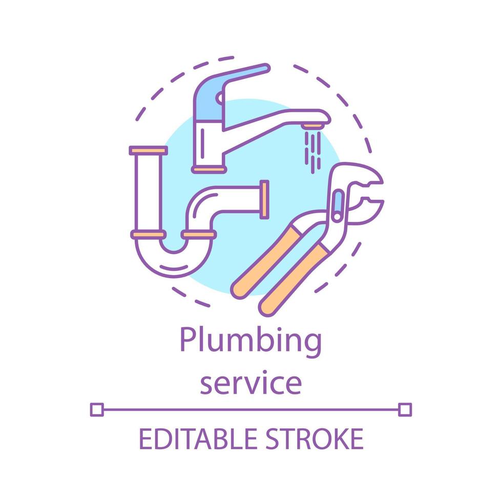 Plumbing service concept icon. Home service idea thin line illustration. Water taps, faucets repair. Bathroom maintenance. Leaking pipes fix. Vector isolated outline drawing. Editable stroke