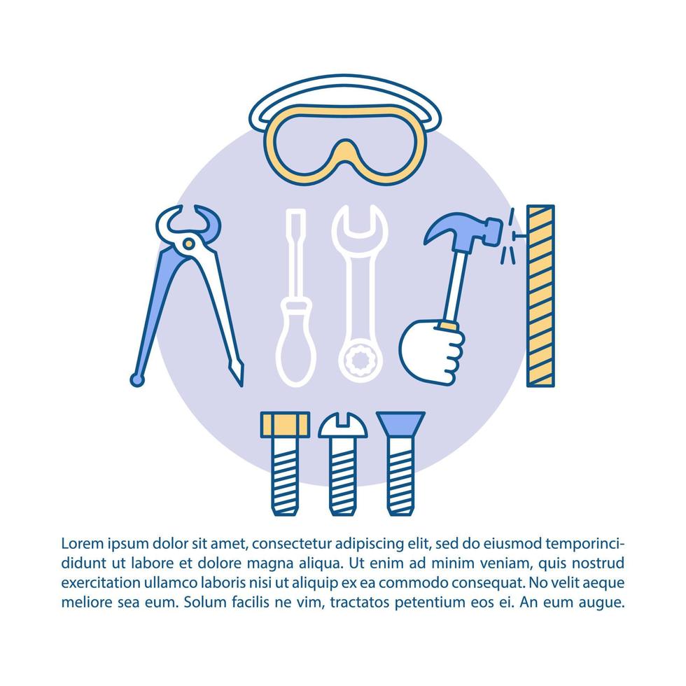 Handyman service article page vector template. Handyperson tools. Brochure, magazine, booklet design element with linear icons and text boxes. Print design. Concept illustrations with text space