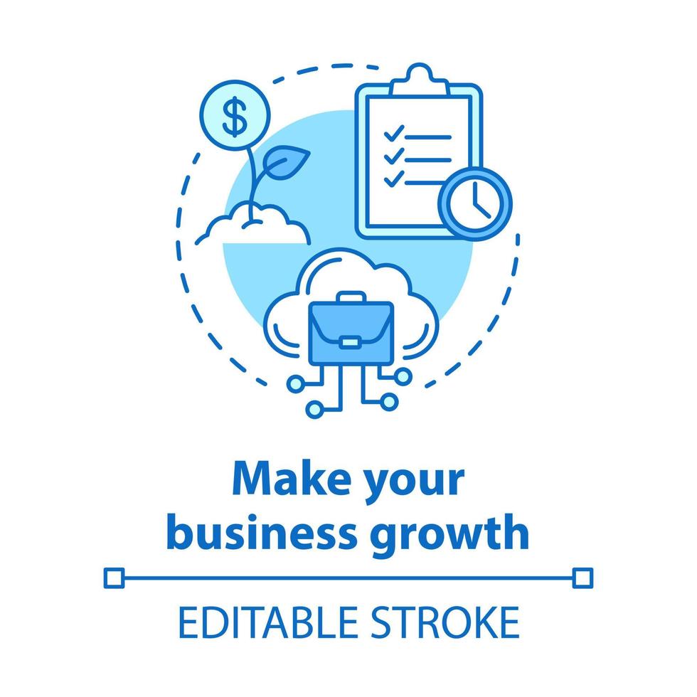 Make your business growth blue concept icon. Digital marketing idea thin line illustration. Company strategy, increase profit. Cloud technology. Vector isolated outline drawing. Editable stroke