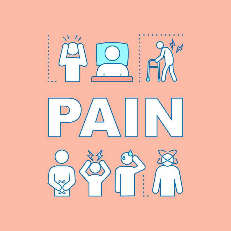 Pain word concepts banner. Headache, stomachache, back pain relief. Health problem. Symptoms. Presentation, website. Isolated lettering typography idea with linear icons. Vector outline illustration