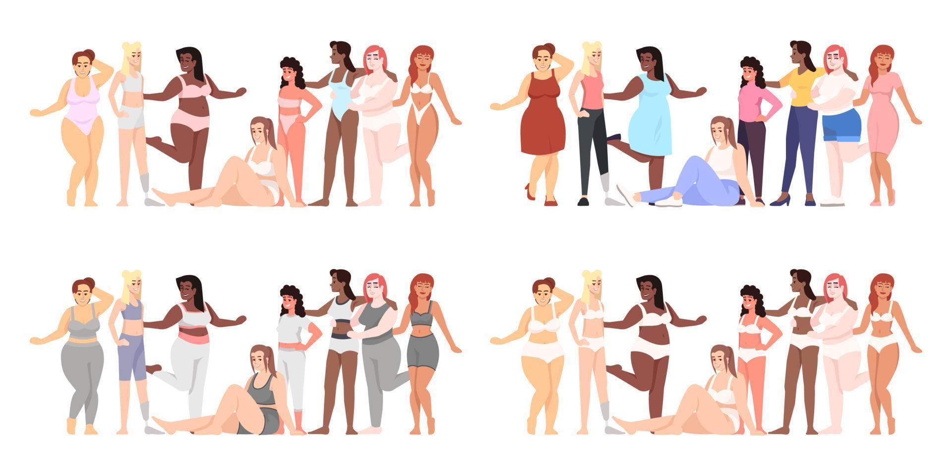 Women flat vector illustrations set. Body positive. Thin and plus size figure. Struggle for equality and feminism. Smiling ladies of different nationalities isolated cartoon characters