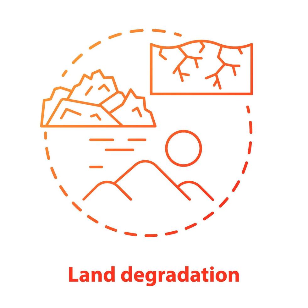 Land degradation concept icon. Soil impoverishment idea thin line illustration in red. Soil erosion and desertification process. Nonrenewable mineral resource. Vector isolated outline drawing